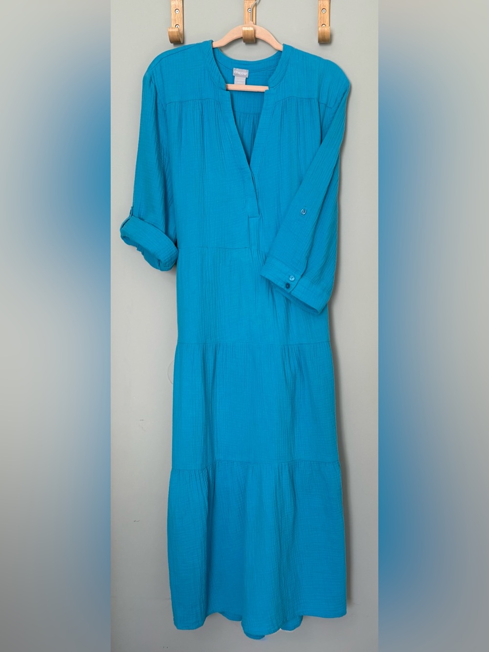 Chico's Turquoise Blue V-Neck Tiered Maxi Dress